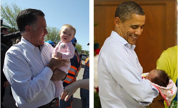 President Obama and Mitt Romney holding babies.